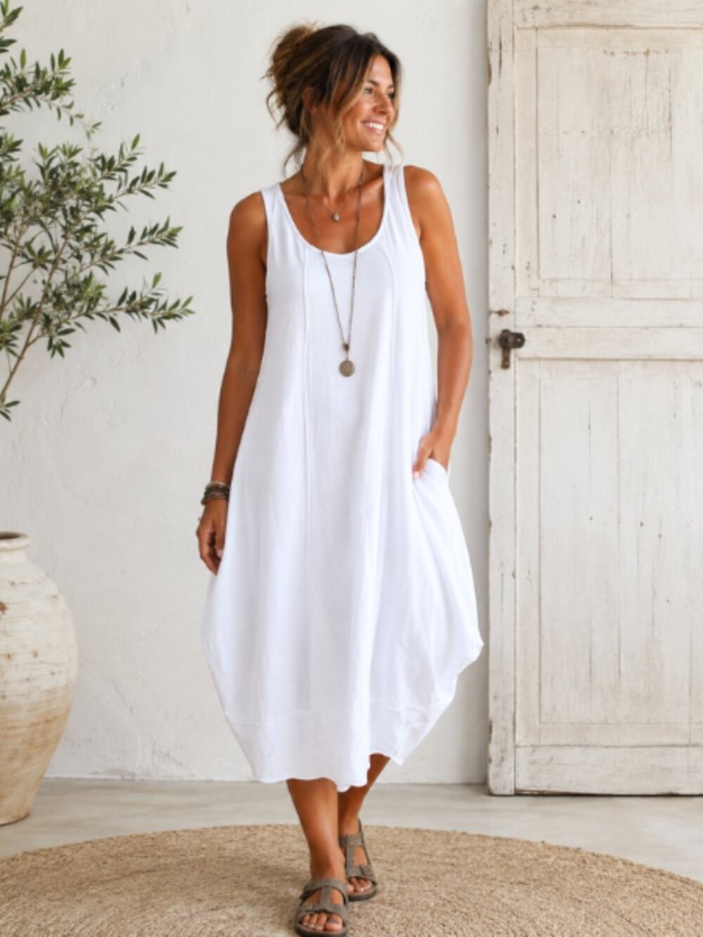 LUUKAA Tank Dress Sleeveless Lagenlook Boho Quiet Luxury Pockets White Size L